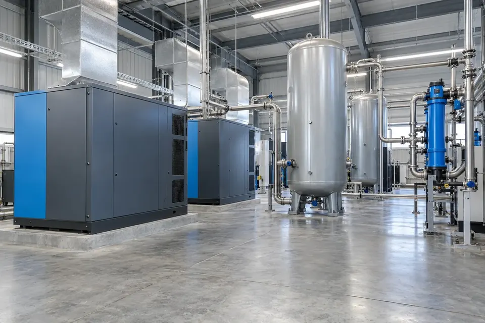 Industrial compressed-air room with air compressors, receiver tanks and treatment pipework