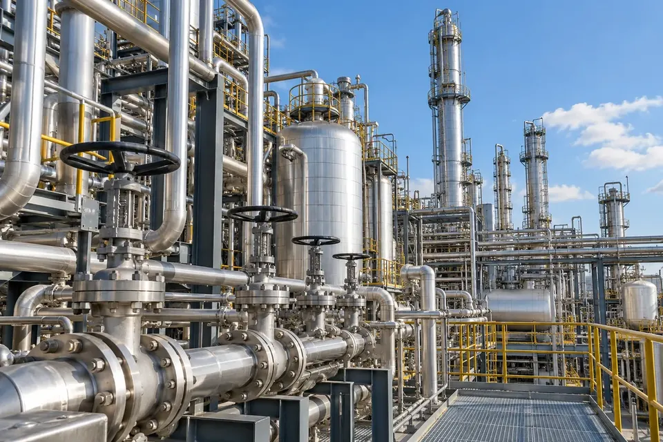 Chemical processing plant with stainless vessels, distillation columns and process pipework