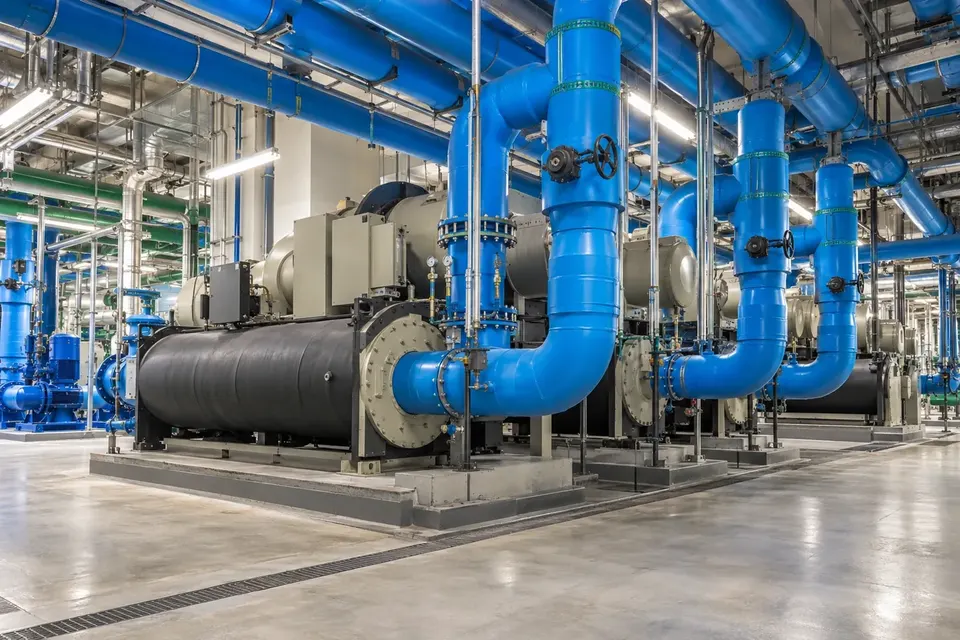 HVAC and district-cooling plant room with industrial chillers and chilled-water pipes