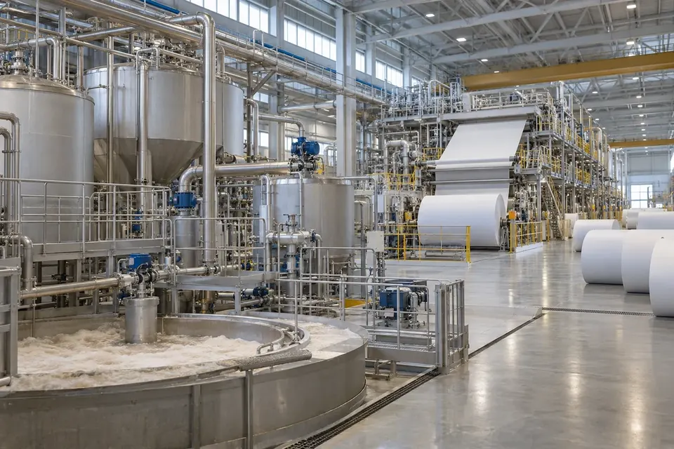 Pulp and paper mill with stock-preparation tanks and paper production equipment