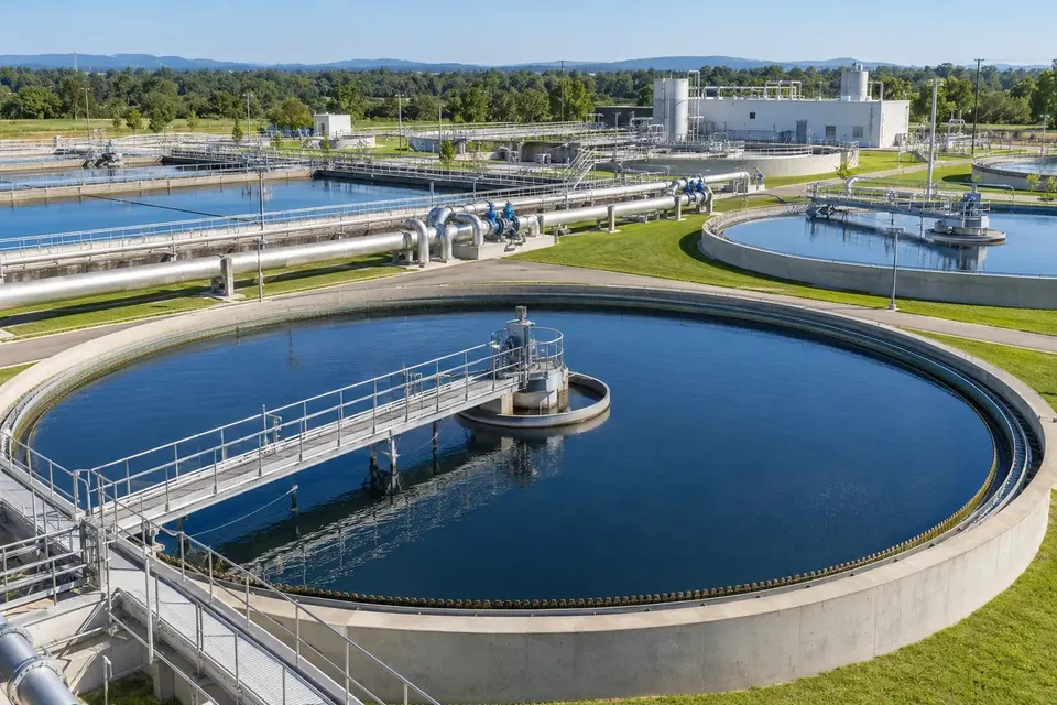 Water and wastewater treatment facility with circular clarifiers and process-water pipelines